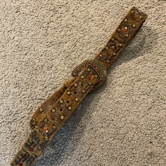 Vintage Brown Crystal Gem Croc Studded Dress Moto Biker Western Belt Y2K sz S/M - Picture 4 of 8